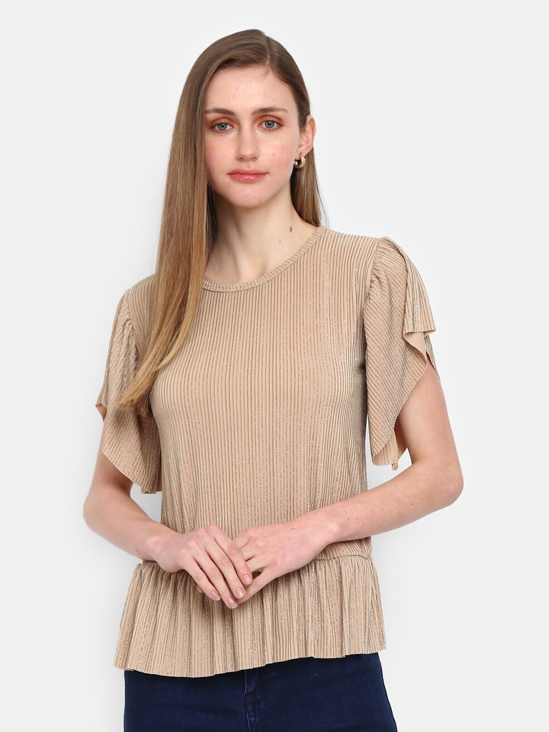 

V-Mart Beige Striped Round Neck Top
