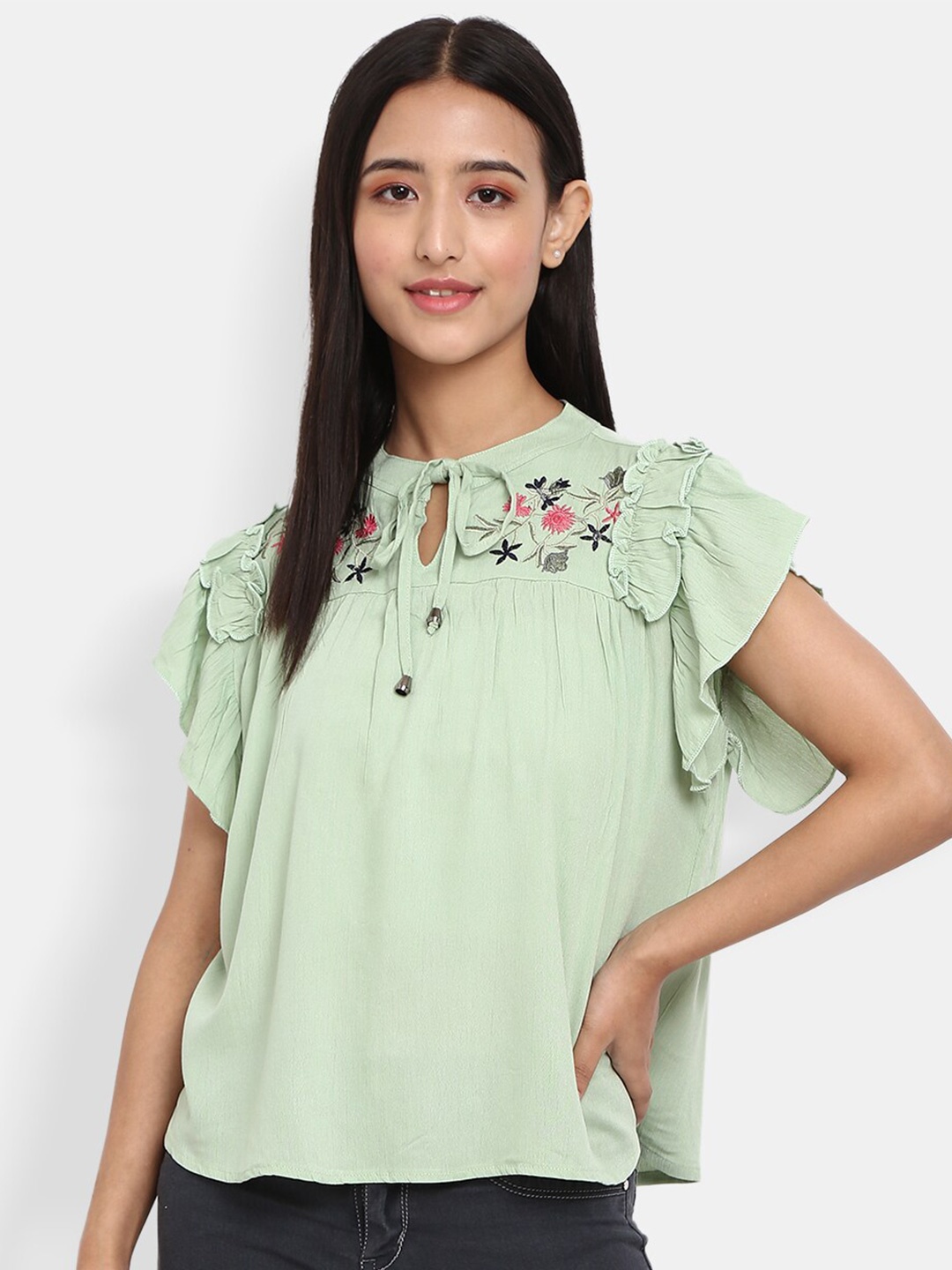 

V-Mart Women Green Solid Tie-Up Neck Top