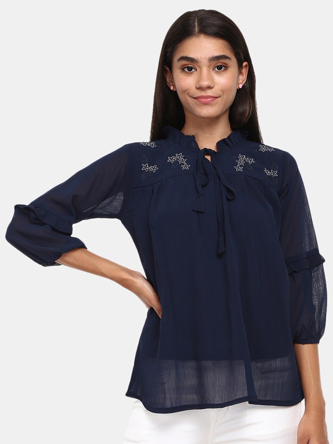 

V-Mart Women Navy Blue Solid Tie-Up Neck Top