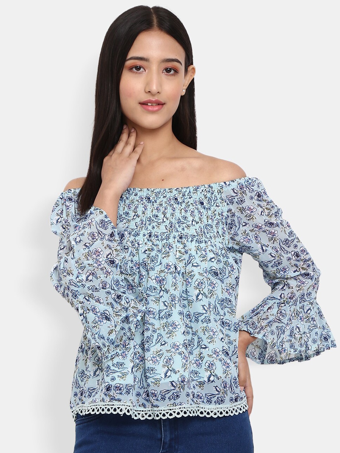 

V-Mart Women Blue Floral Print Off-Shoulder Blouson Top