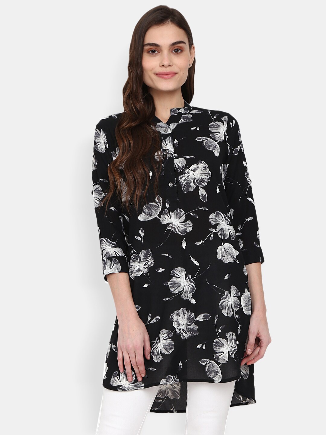 

V-Mart Black Floral Print Mandarin Collar High-Low Longline Top