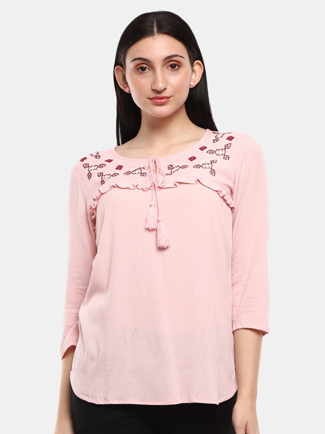 

V-Mart Women Pink Self Design Tie-Up Neck Top
