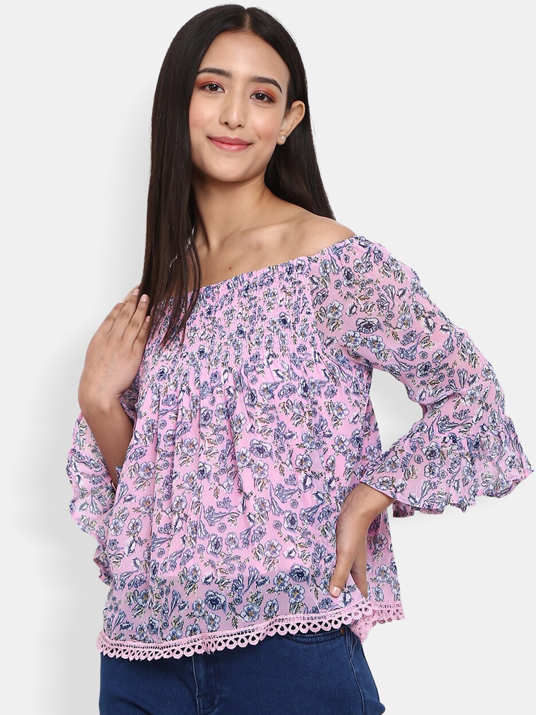 

V-Mart Pink Floral Print Off-Shoulder Georgette Bardot Top