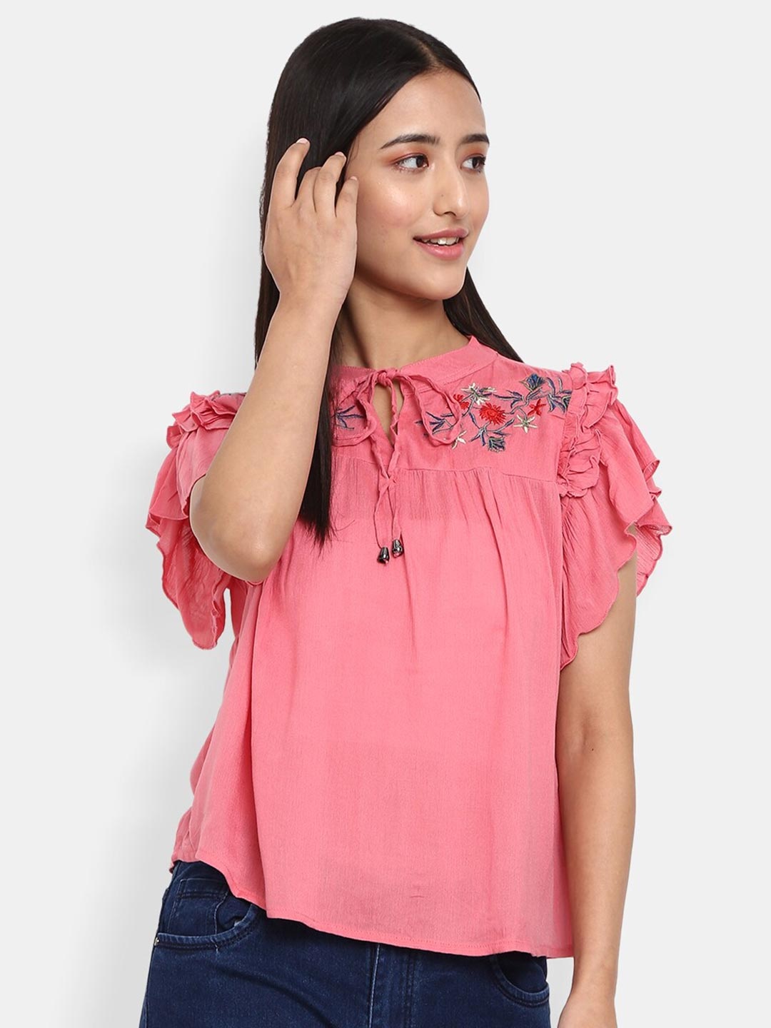 

V-Mart Pink Tie-Up Neck Top