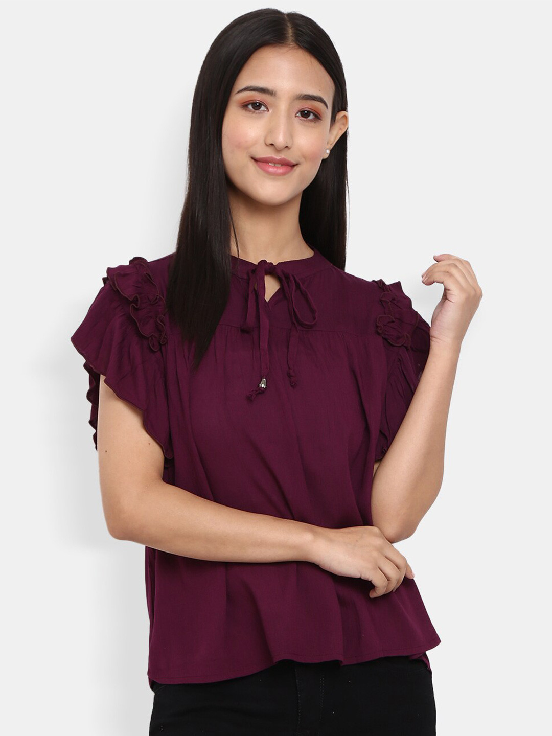 

V-Mart Burgundy Tie-Up Neck Top
