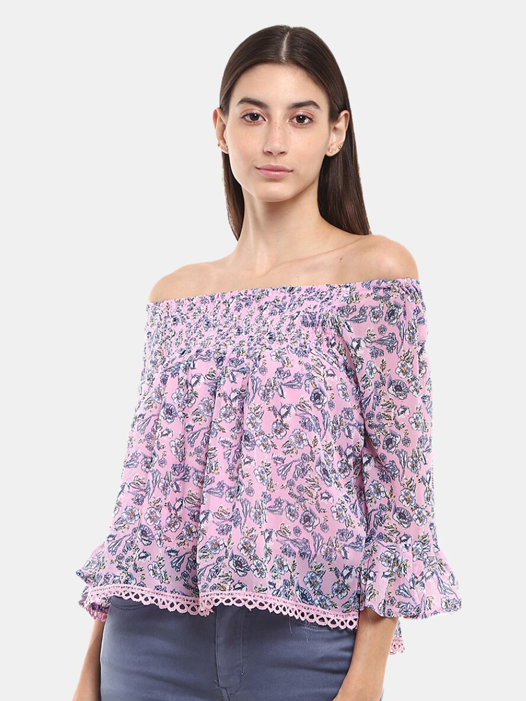

V-Mart Pink Floral Print Off-Shoulder Georgette Bardot Top