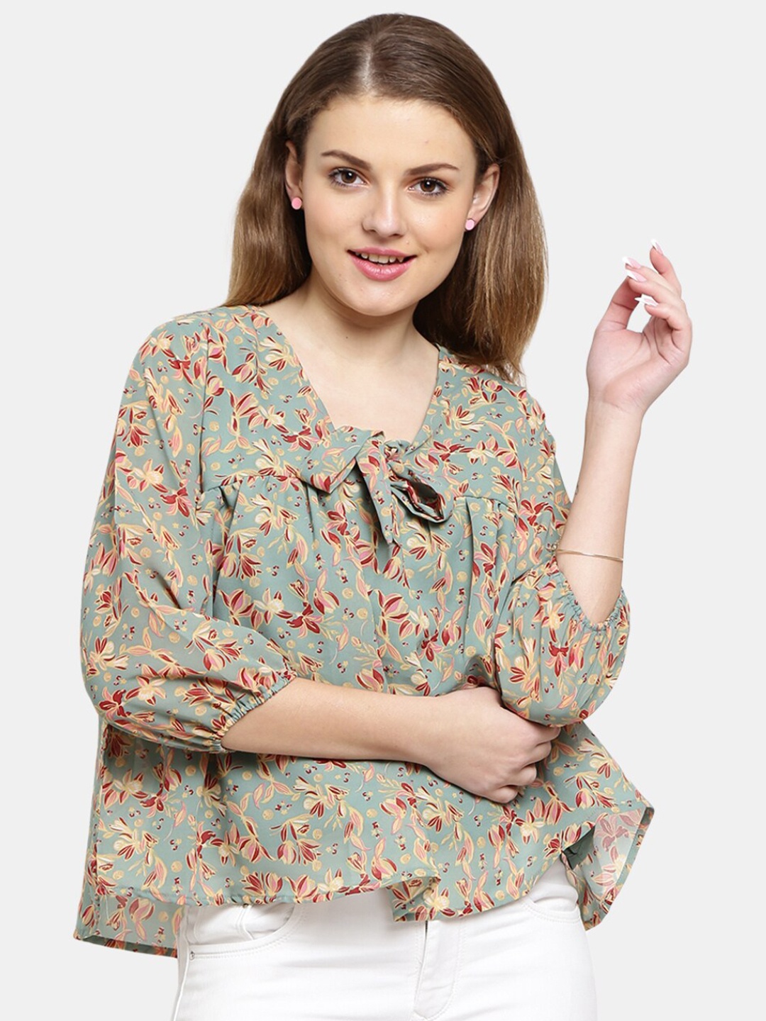 

V-Mart Sea Green & Grey Floral Print Tie-Up Neck Georgette Top