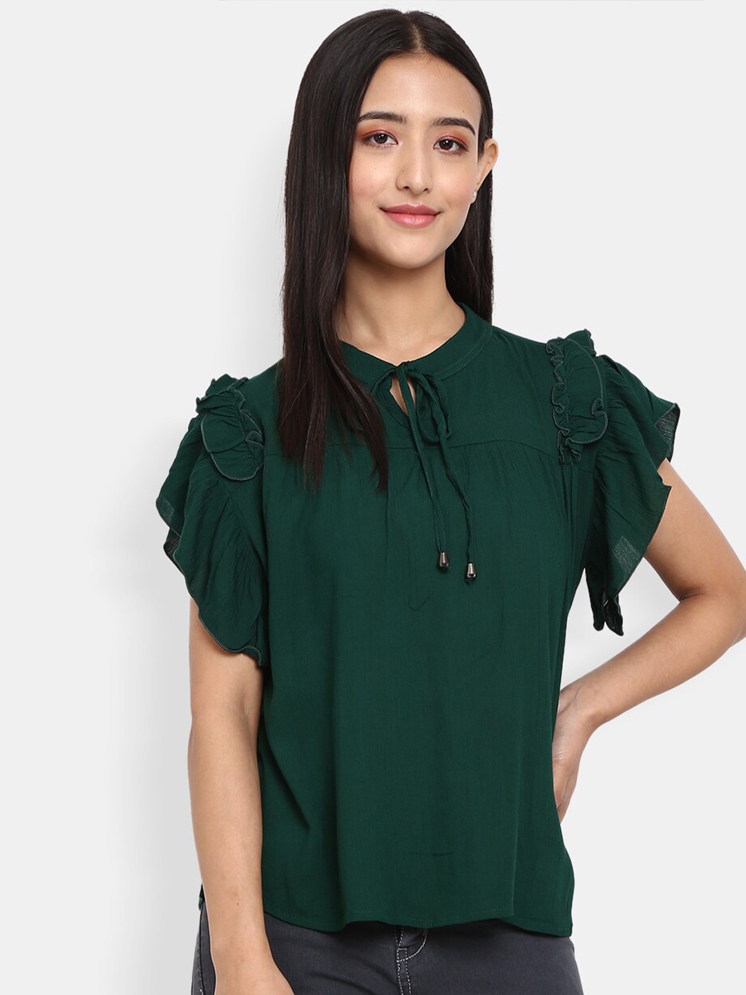 

V-Mart Green Tie-Up Neck Top