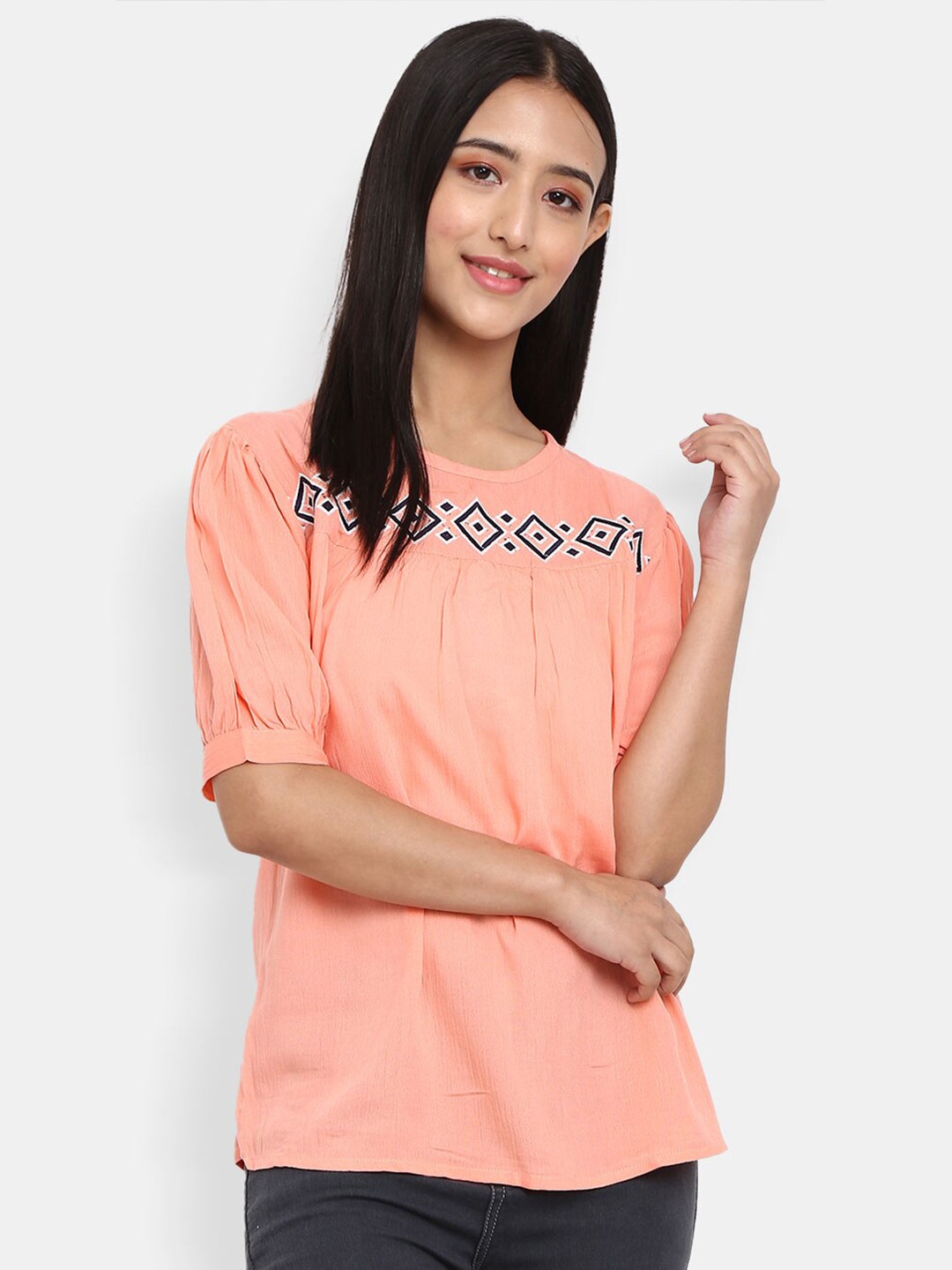 

V-Mart Women Peach-Coloured & Black Geometric Embroidered Top