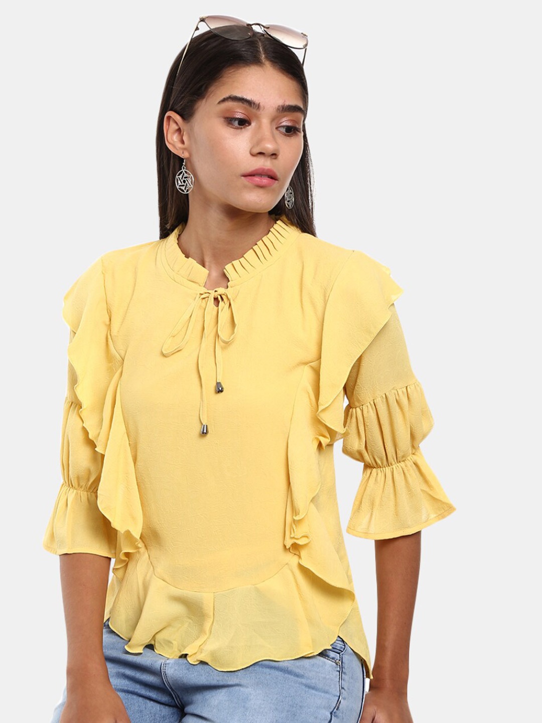 

V-Mart Women Mustard Yellow Tie-Up Neck Peplum Top