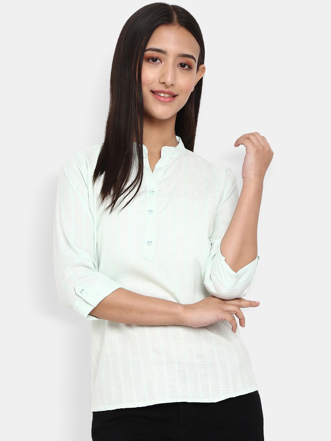 

V-Mart Green Striped Mandarin Collar Roll-Up Sleeves Shirt Style Top