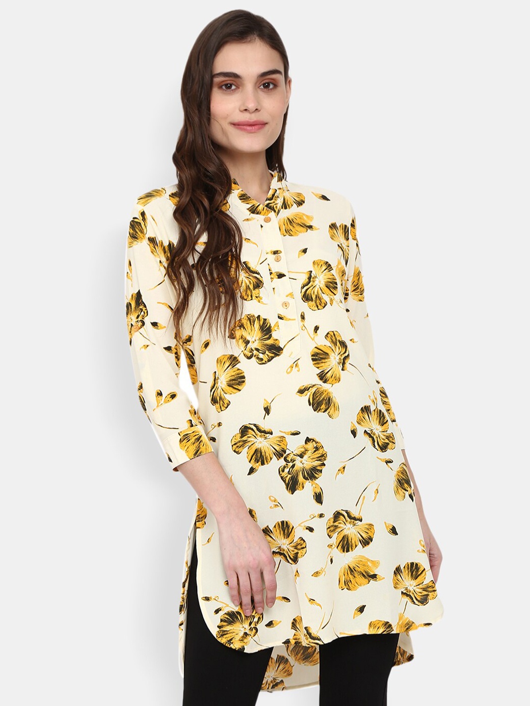 

V-Mart Cream-Coloured Floral Print Mandarin Collar High-Low Longline Top