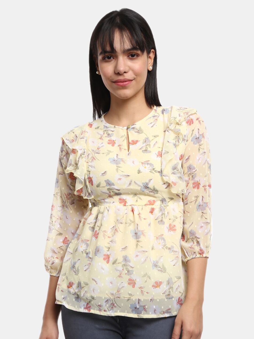 

V-Mart Yellow Floral Print Keyhole Neck Georgette Empire Top