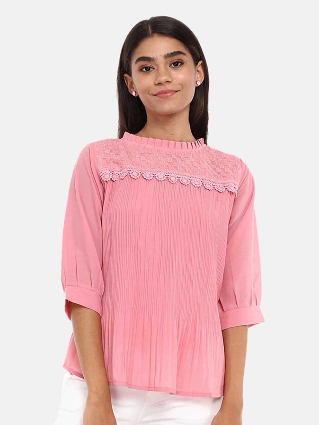 

V-Mart Women Pink Self Design Polyester Round Neck Top