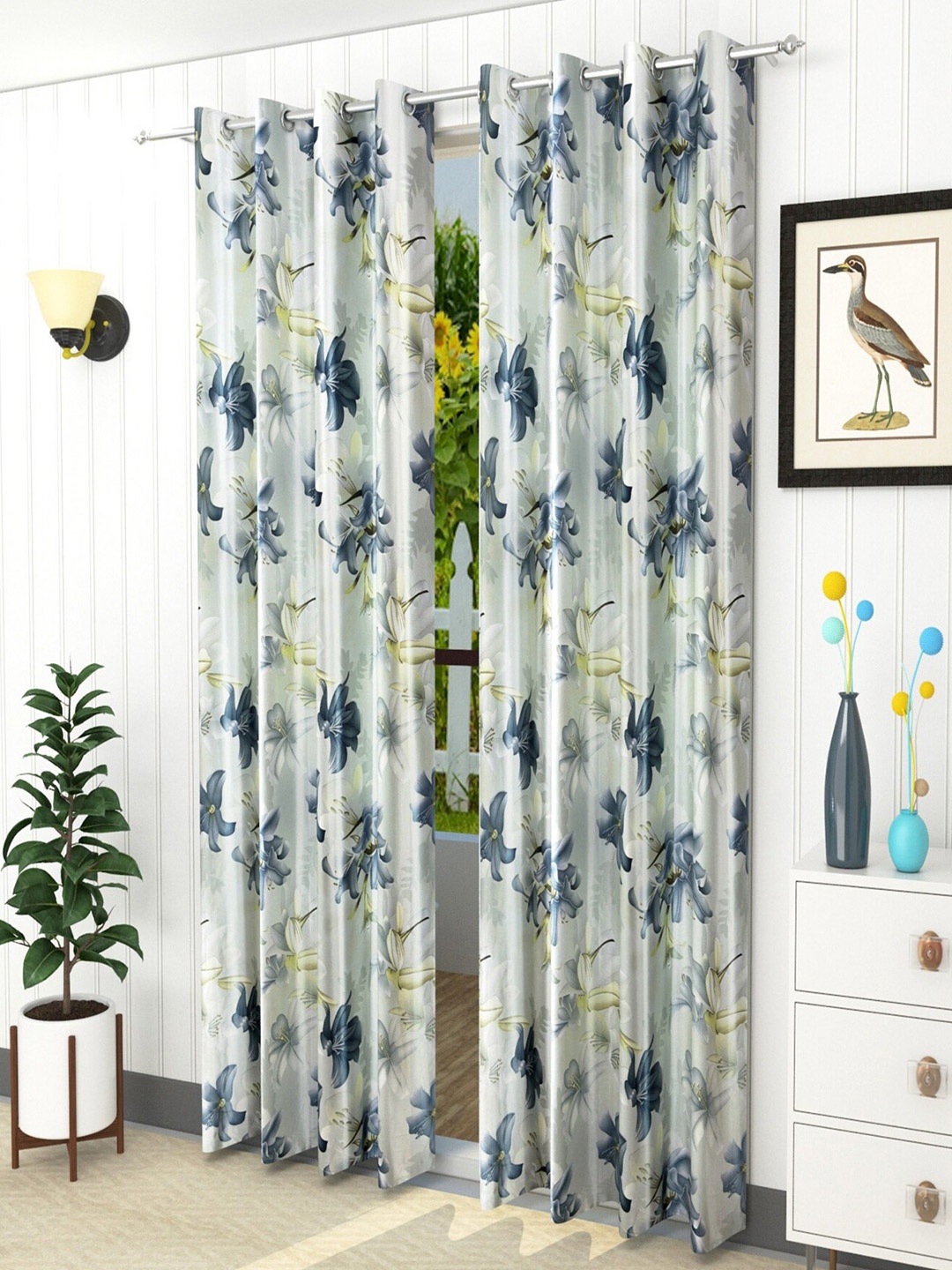 

Homefab India Grey & Green Set of 2 Floral Room Darkening Door Curtain