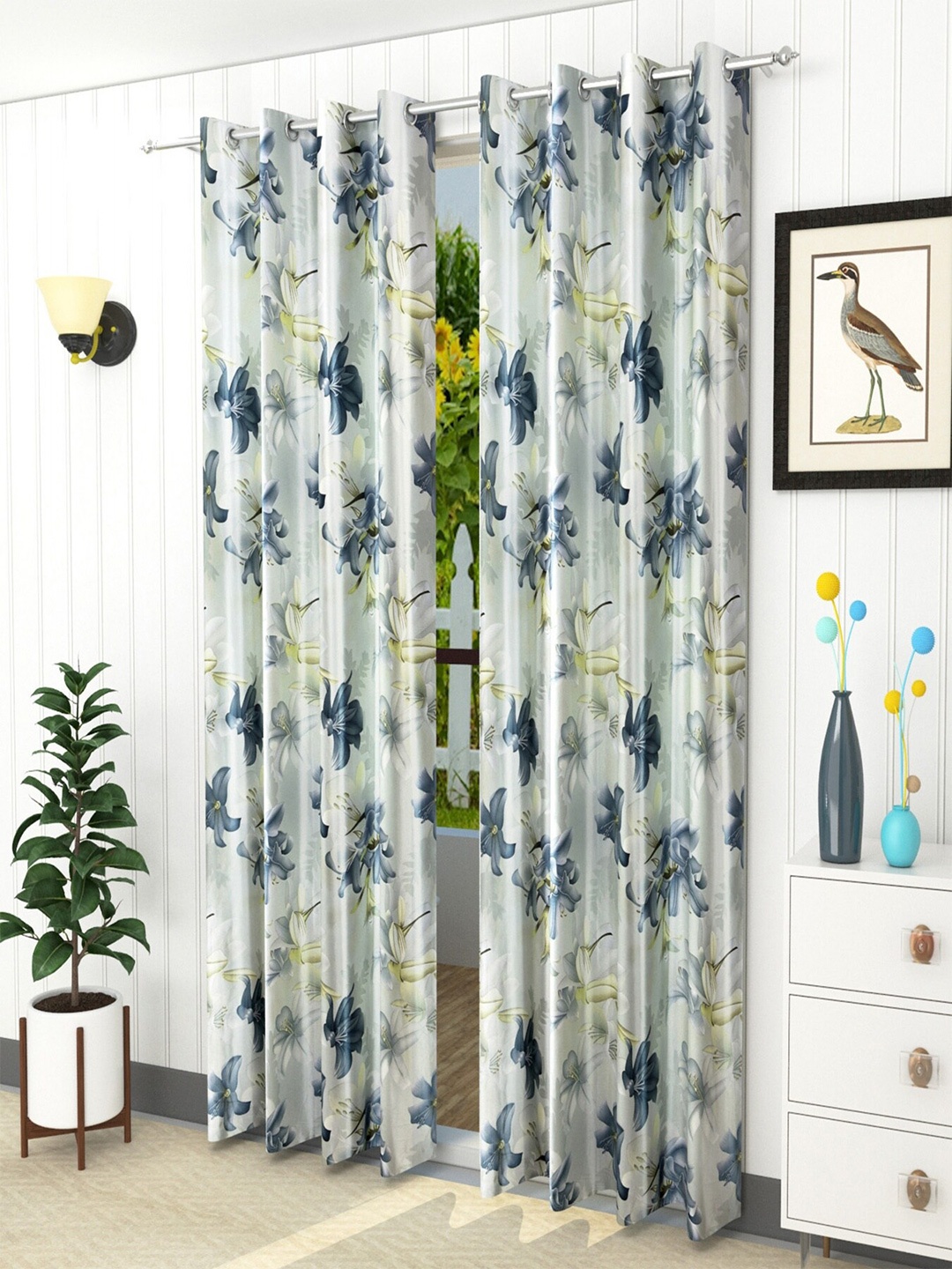 

Homefab India Grey & Blue Set of 2 Floral Room Darkening Long Door Curtain