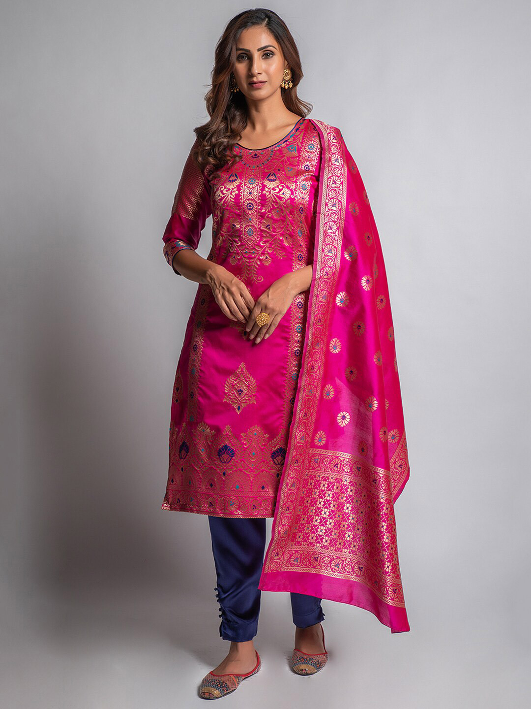 

Lilots Pink & Blue BanarasiSilk Jacquard Woven Unstitched Dress Material