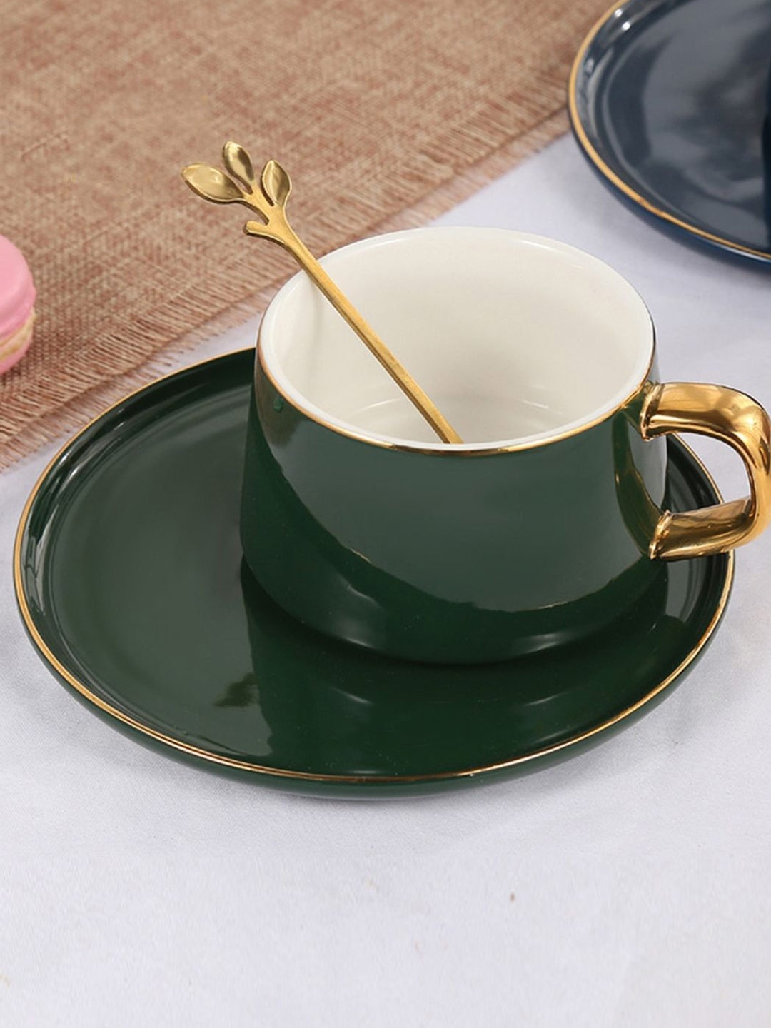 

Nestasia Dark Green And Gold Toned Handle Cup & Saucer with Spoon