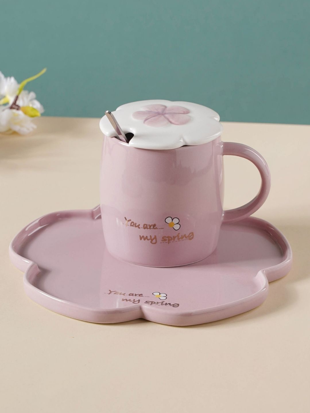 

Nestasia Light Purple Printed Ceramic Glossy Cup with Flower Plate and Spoon