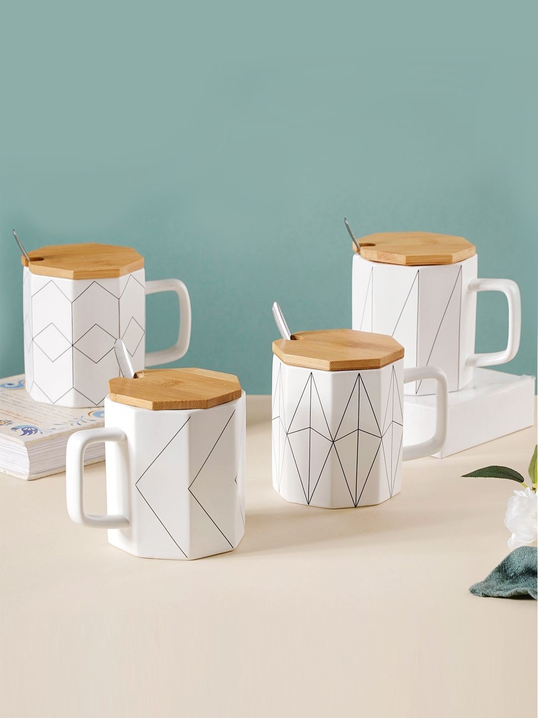 

Nestasia White & Black Printed Ceramic Glossy Mugs With Wooden Lid