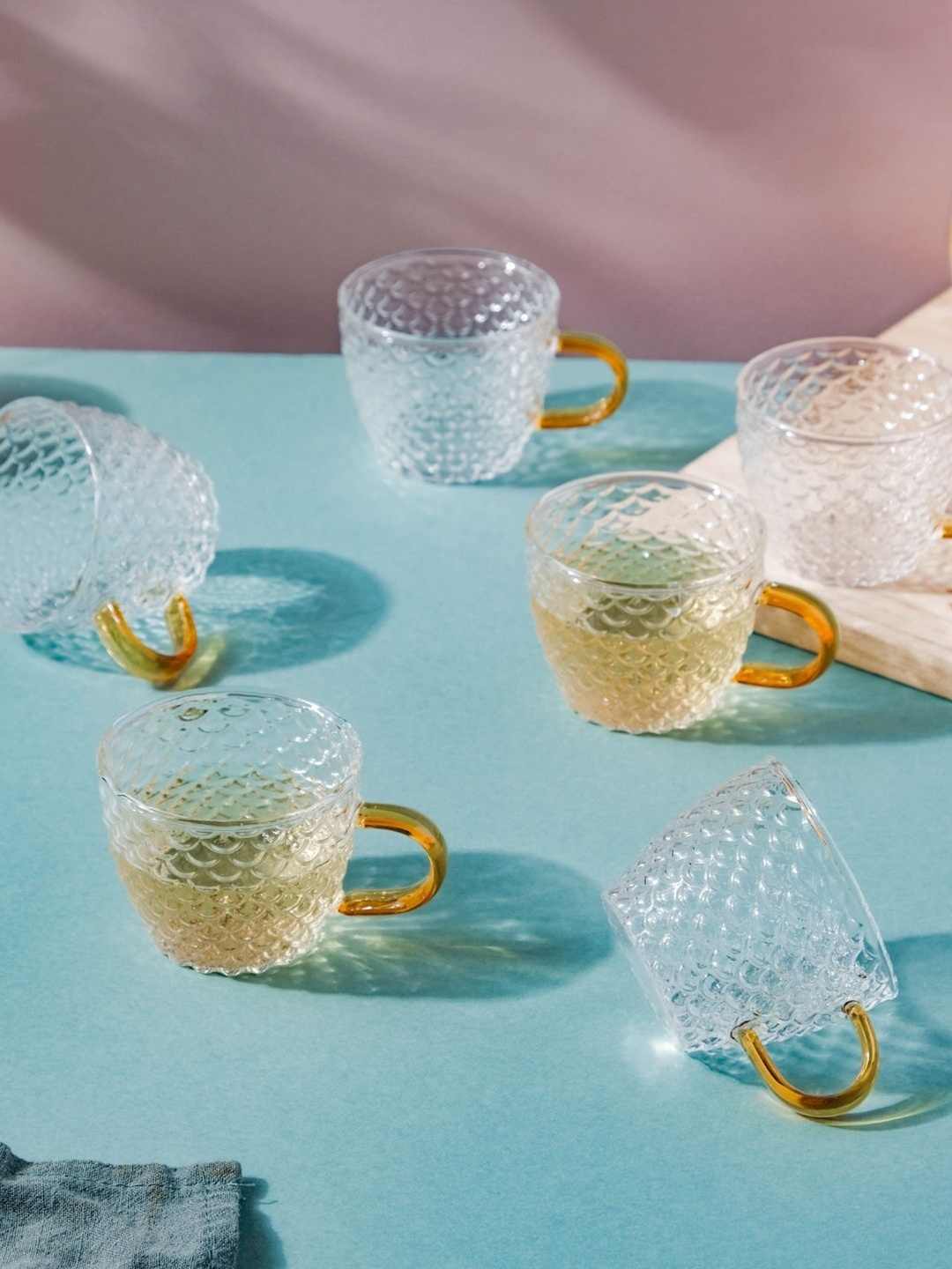 

Nestasia Set of 6 Transparent & Yellow Textured Glass Cups