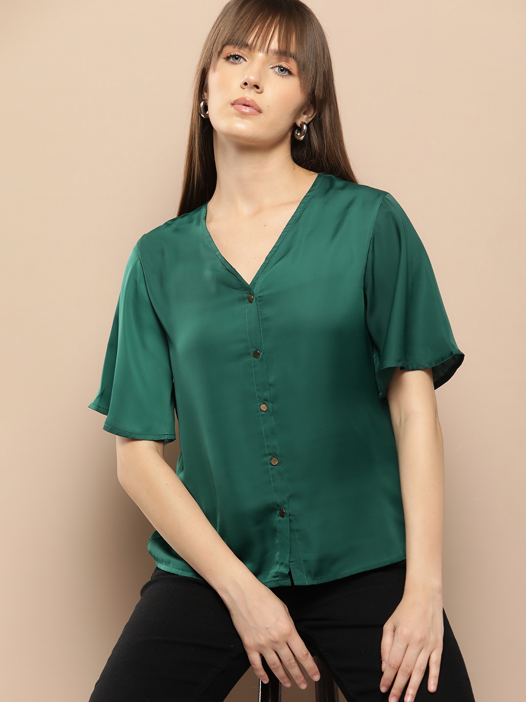 

Chemistry V-Neck Flared Sleeves Shirt Style Top, Green