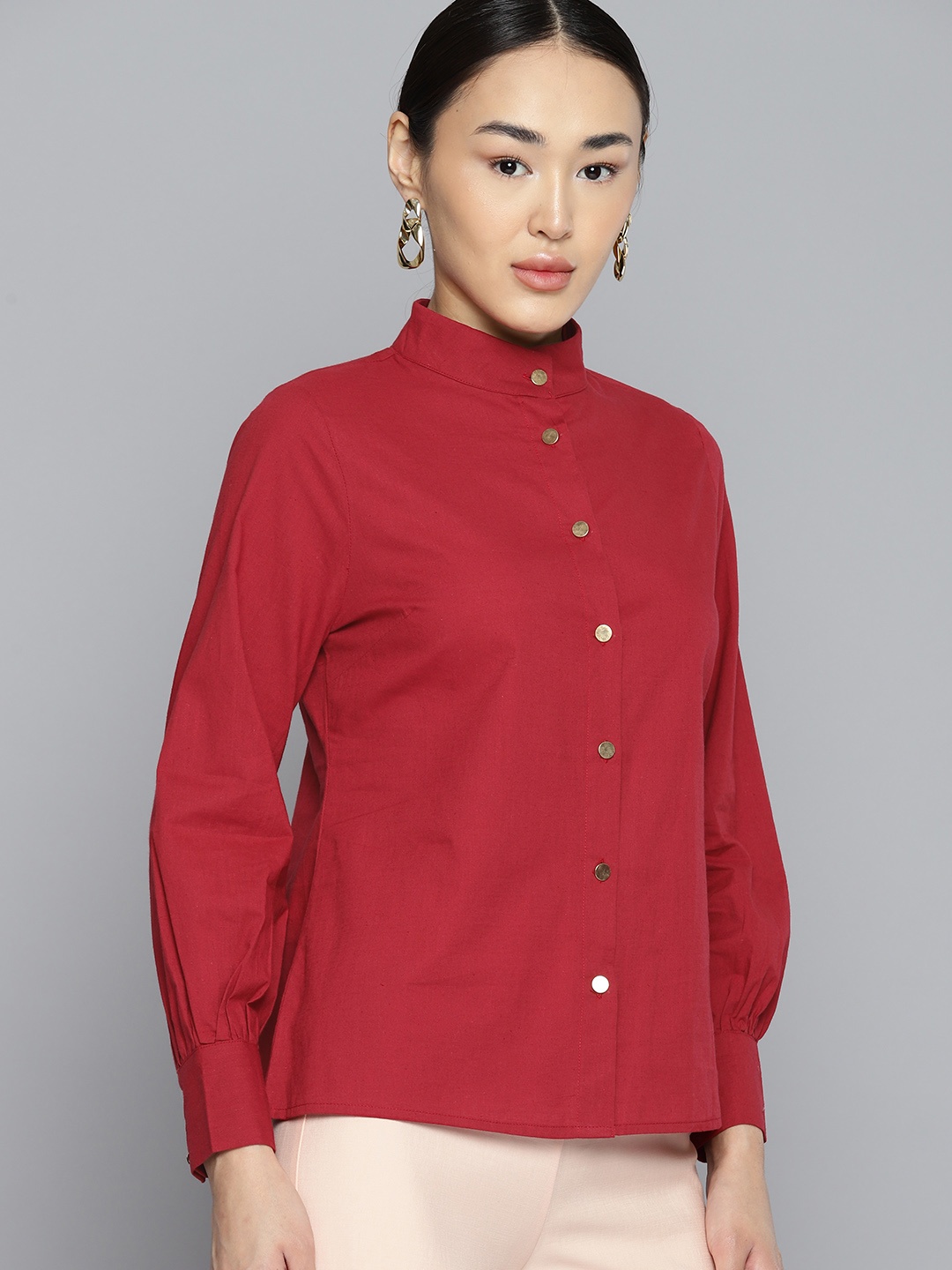 

Chemistry High Neck Puff Sleeves Pure Cotton Shirt, Maroon