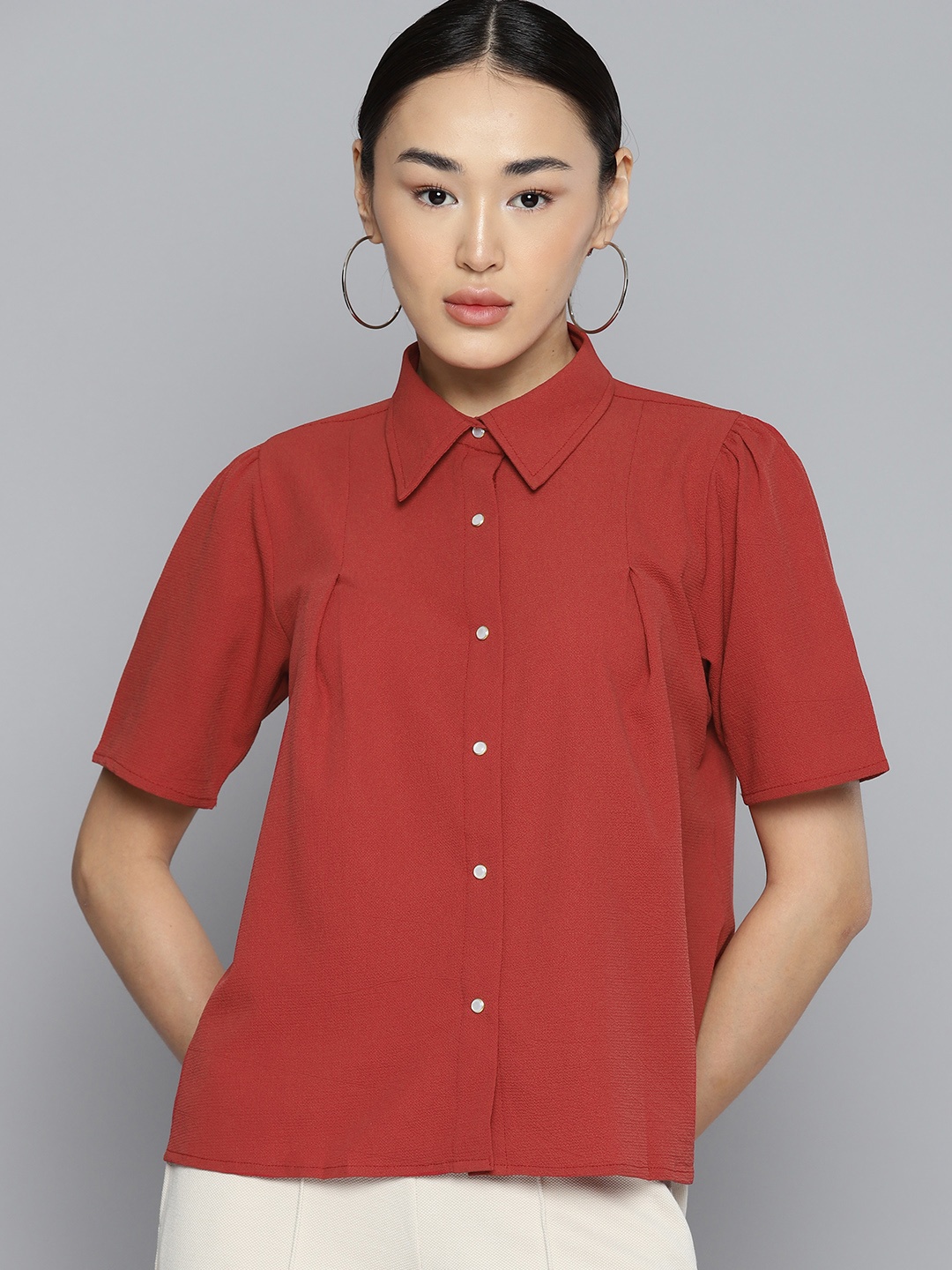 

Chemistry Spread Collar Short Sleeves Textured Shirt, Rust