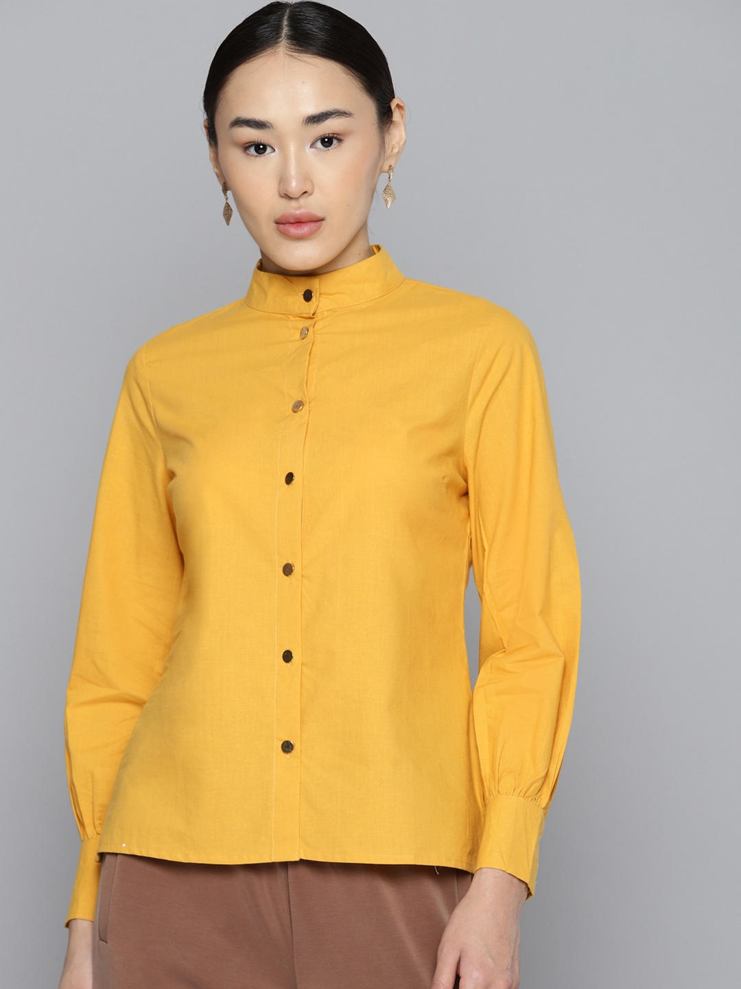 

Chemistry High Neck Puff Sleeves Pure Cotton Shirt, Mustard