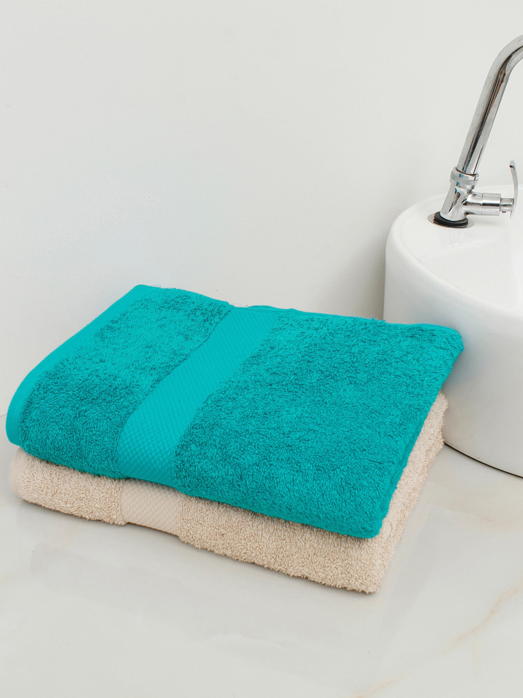 

AVI Living Set Of 2 Turquoise Blue & Beige Solid 500 GSM Pure Cotton Hand Towels