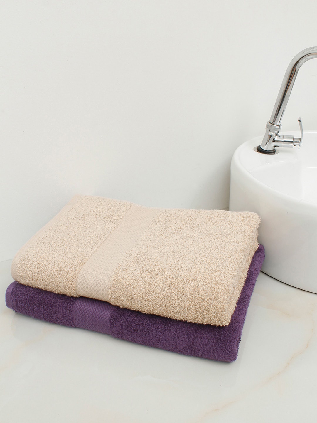

AVI Living Beige & Purple Set Of 2 Solid 500 GSM Cotton Bath Towels