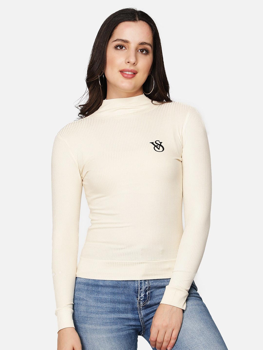 

Sonex Gold Women Cream-Coloured High Neck Striped Top