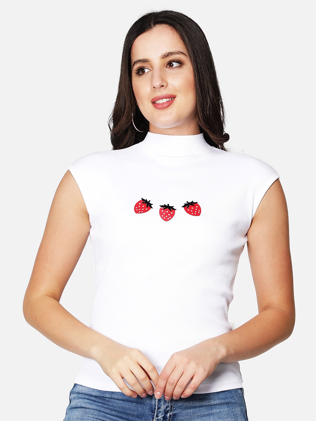 

Sonex Women Gold White & Red Printed Cap Sleeves Top