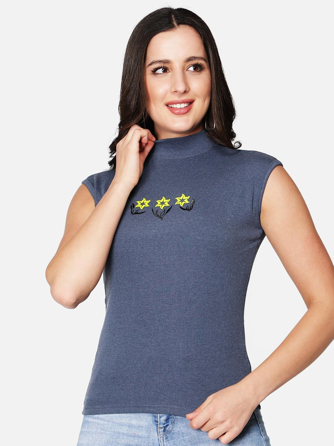 

Sonex Gold Women Blue Floral Print Fitted High Neck Top