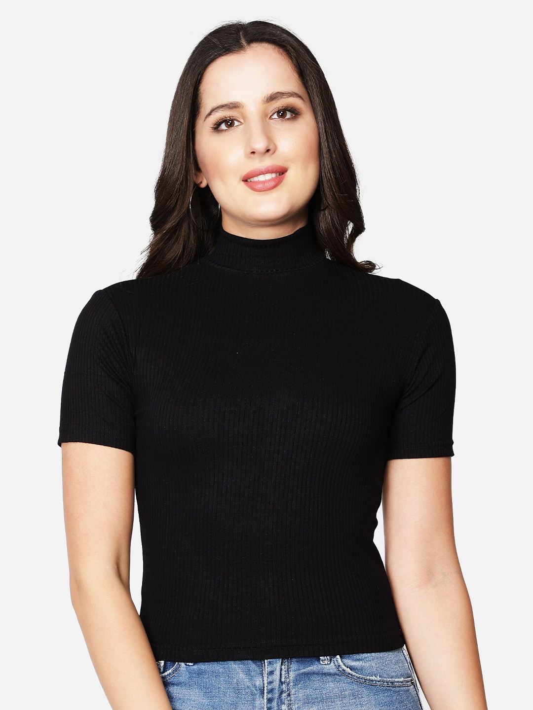 

Sonex Gold Black Solid High Neck Fitted Top