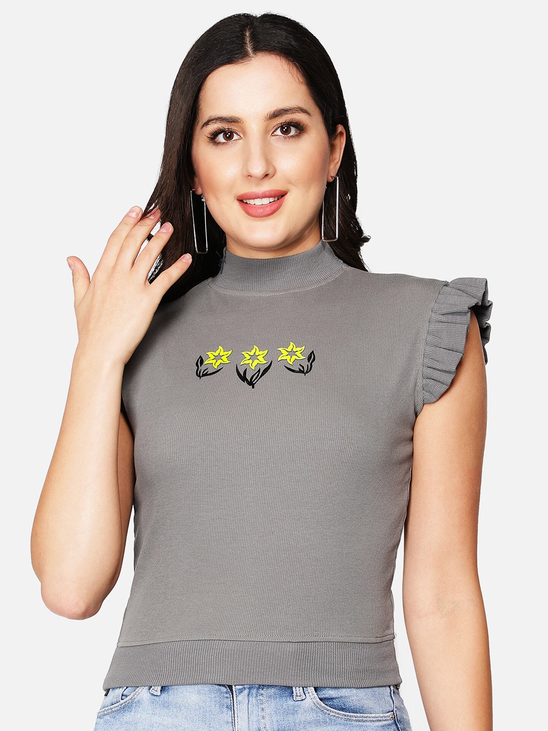 

Sonex Gold Women Grey Floral Print Crop Top