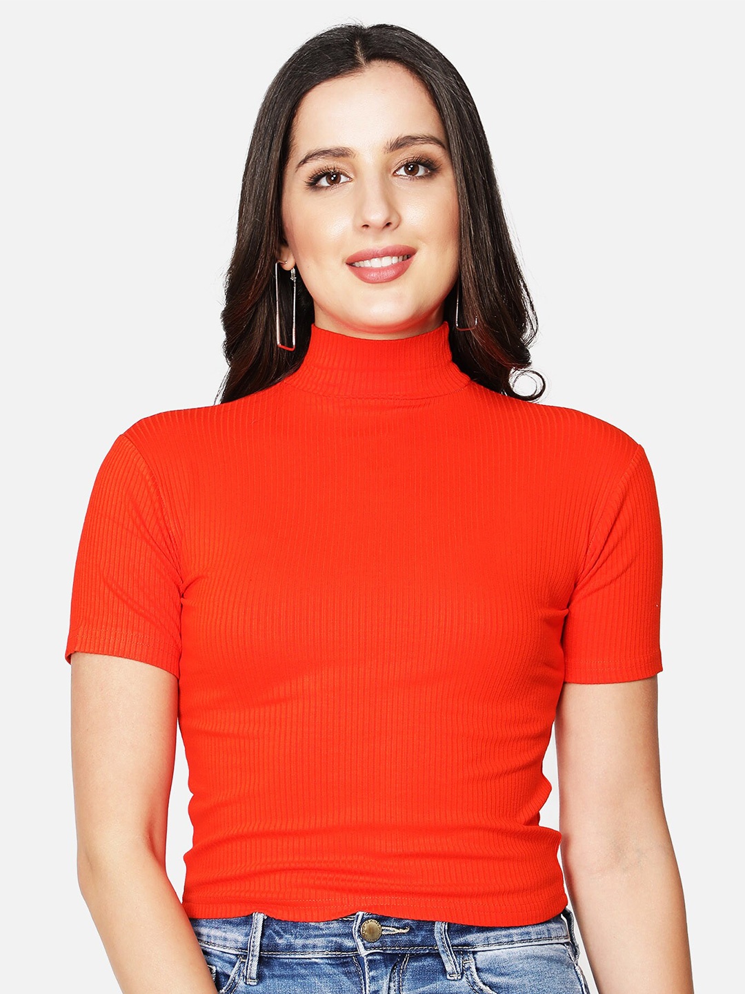 

Sonex Gold Women Red Short sleeve solid High Neck Top