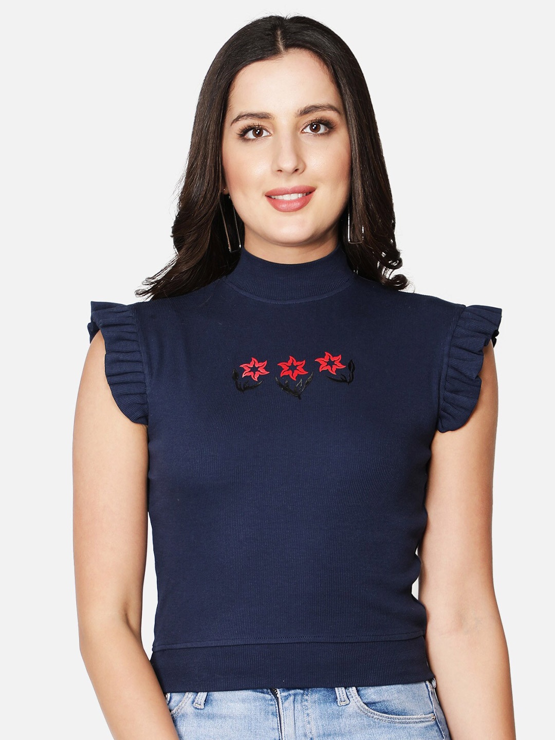 

Sonex Gold Navy Blue Floral Embroidered Top