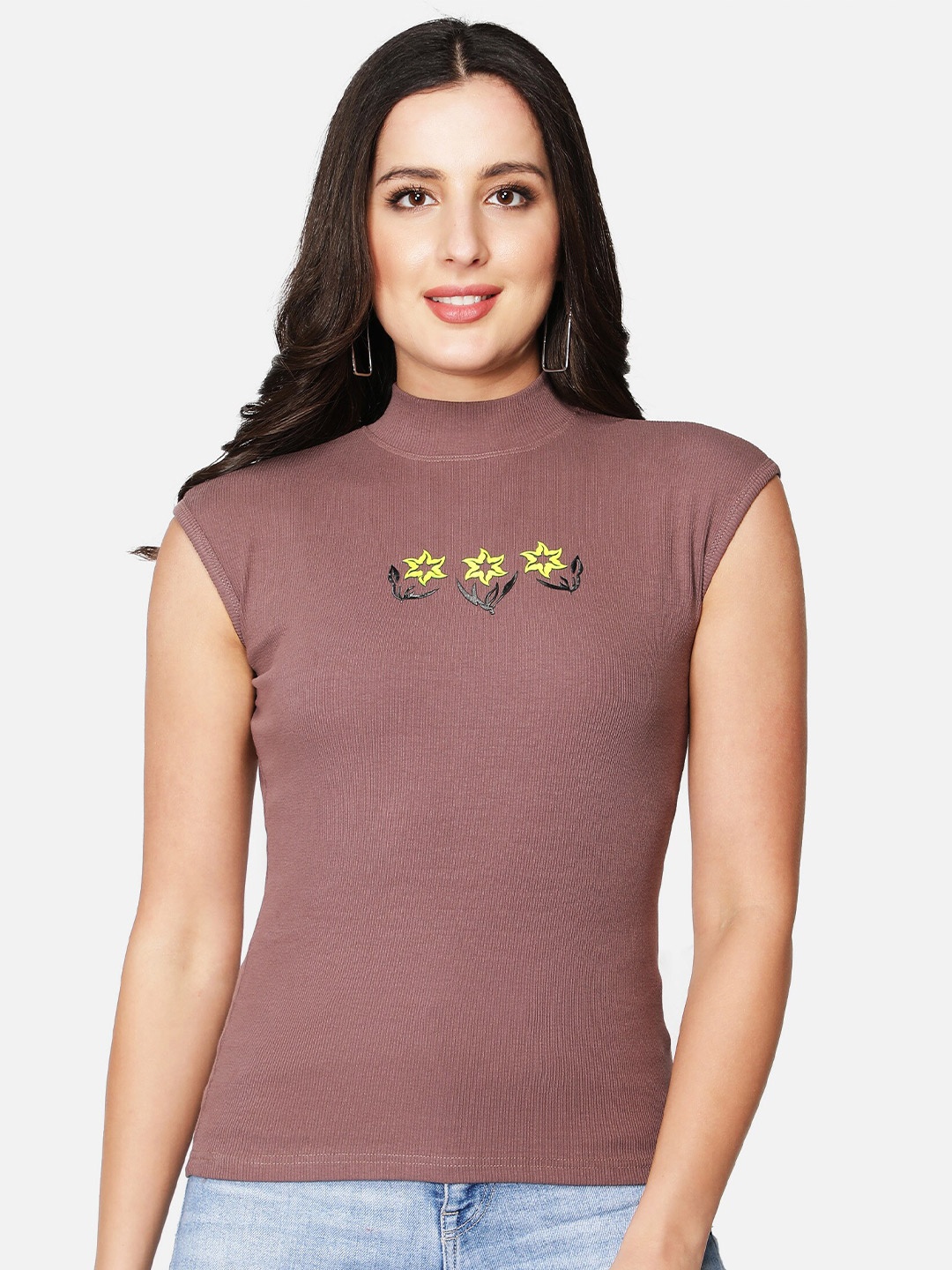 

Sonex Gold Rust Floral Print High Neck Sleeveless Top