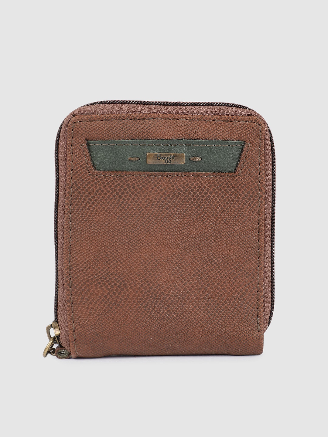 

Baggit Men Textured Zip Around Wallet with Chain Clasp, Brown