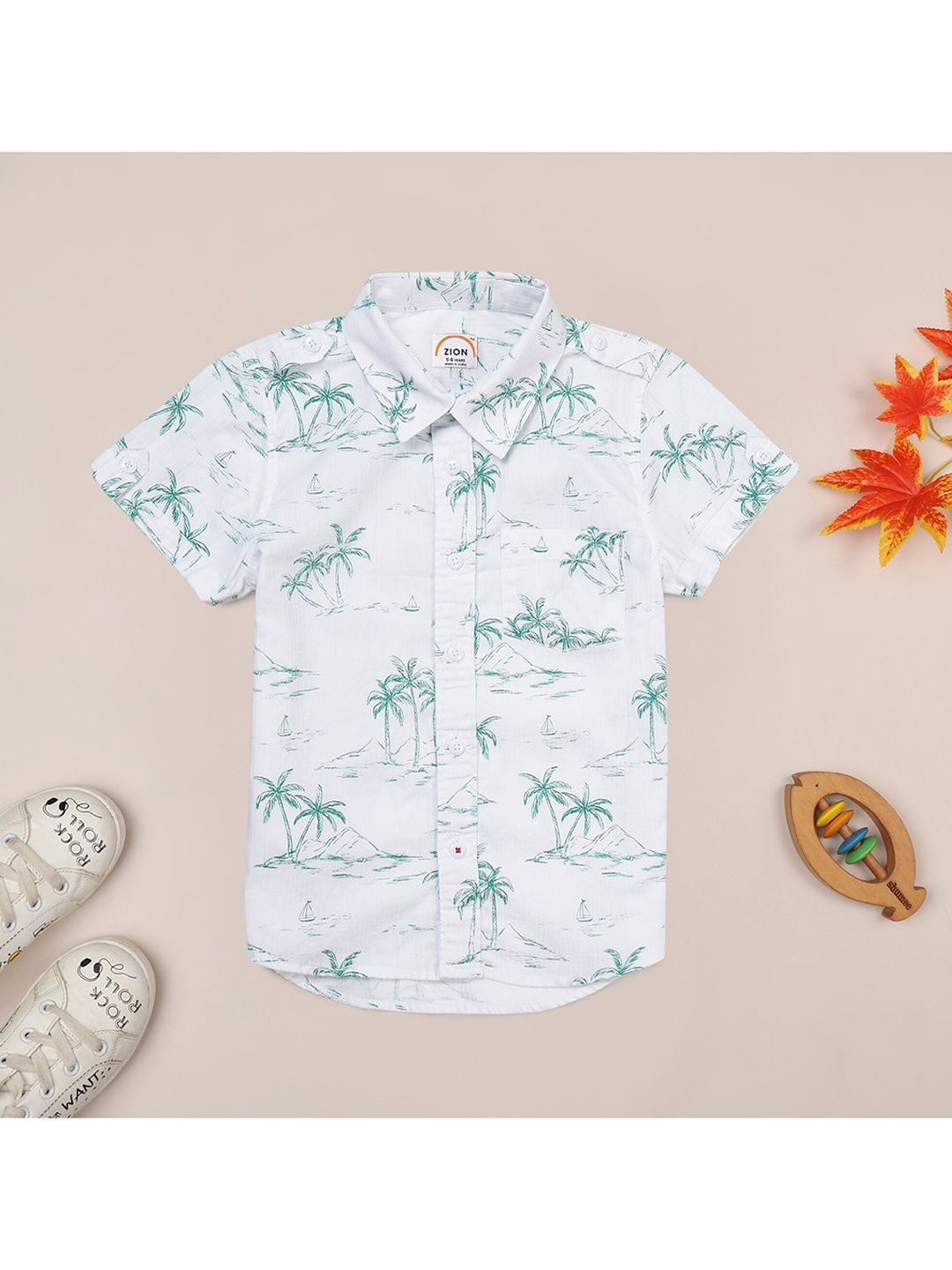 

ZION Boys White Contemporary Slim Fit Tropical Printed Casual Shirt
