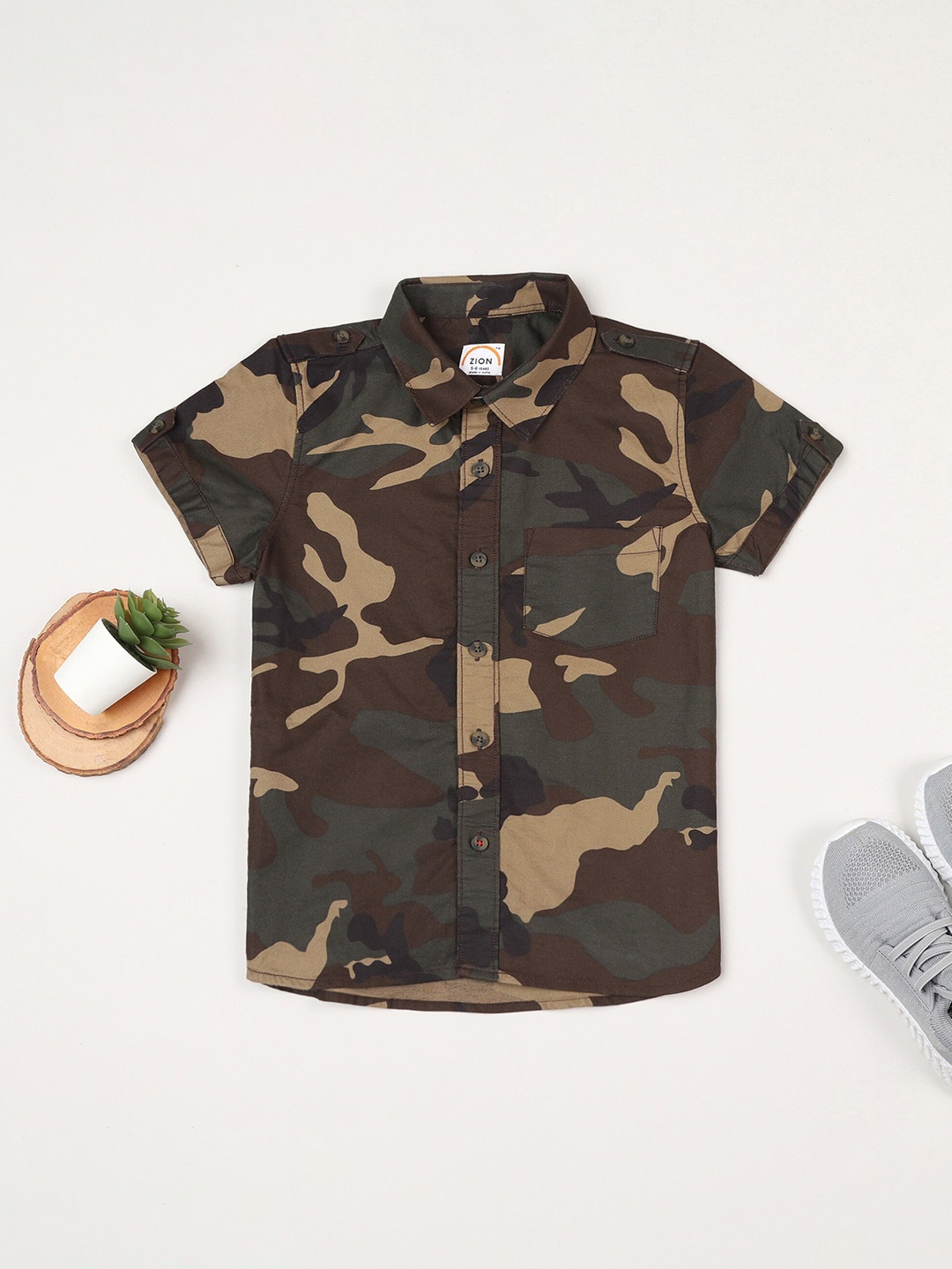 

ZION Boys Green Contemporary Slim Fit Camouflage Printed Casual Shirt