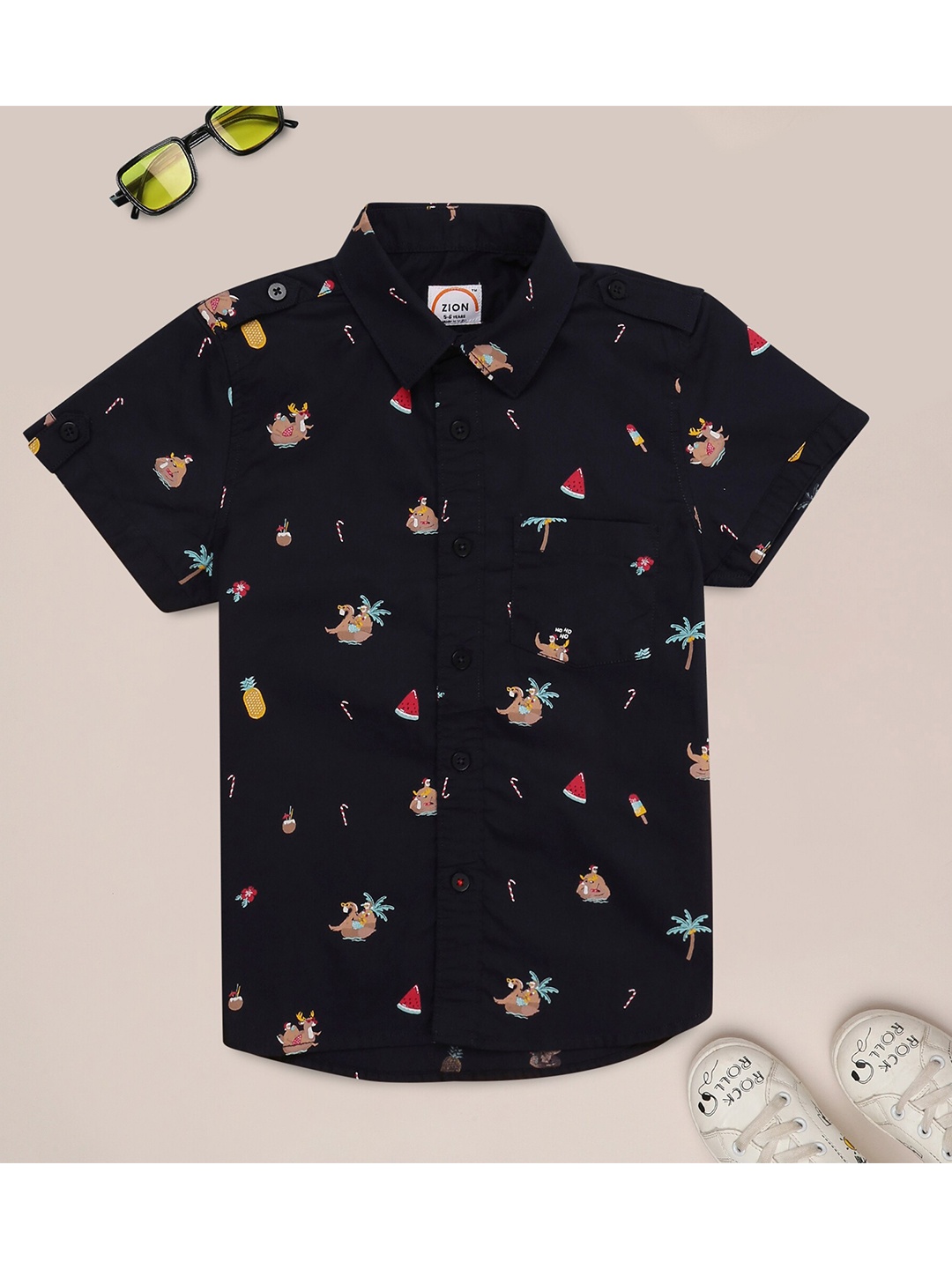 

ZION Boys Black Contemporary Slim Fit Printed Casual Shirt