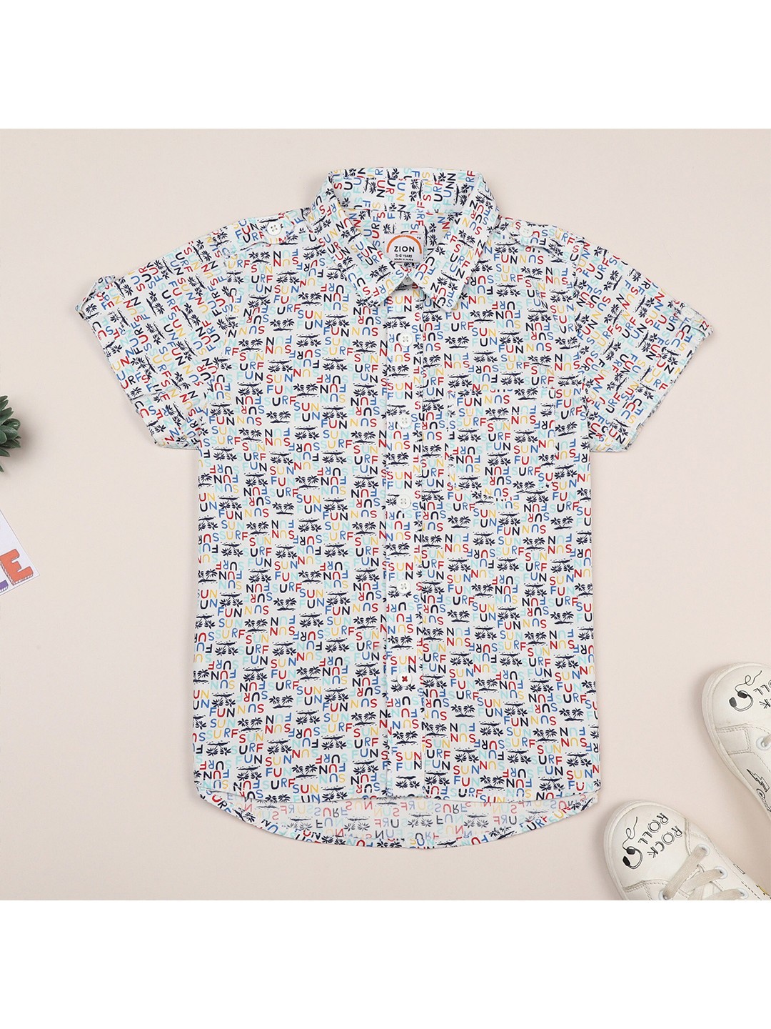 

ZION Boys White Contemporary Slim Fit Printed Casual Shirt