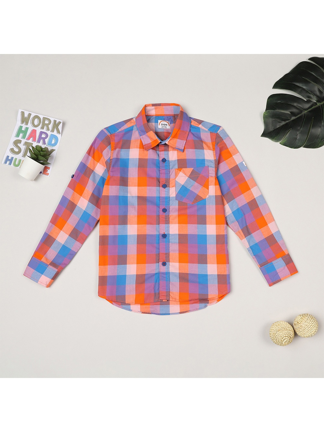 

ZION Boys Orange & Blue Contemporary Slim Fit Tartan Checks Checked Casual Shirt