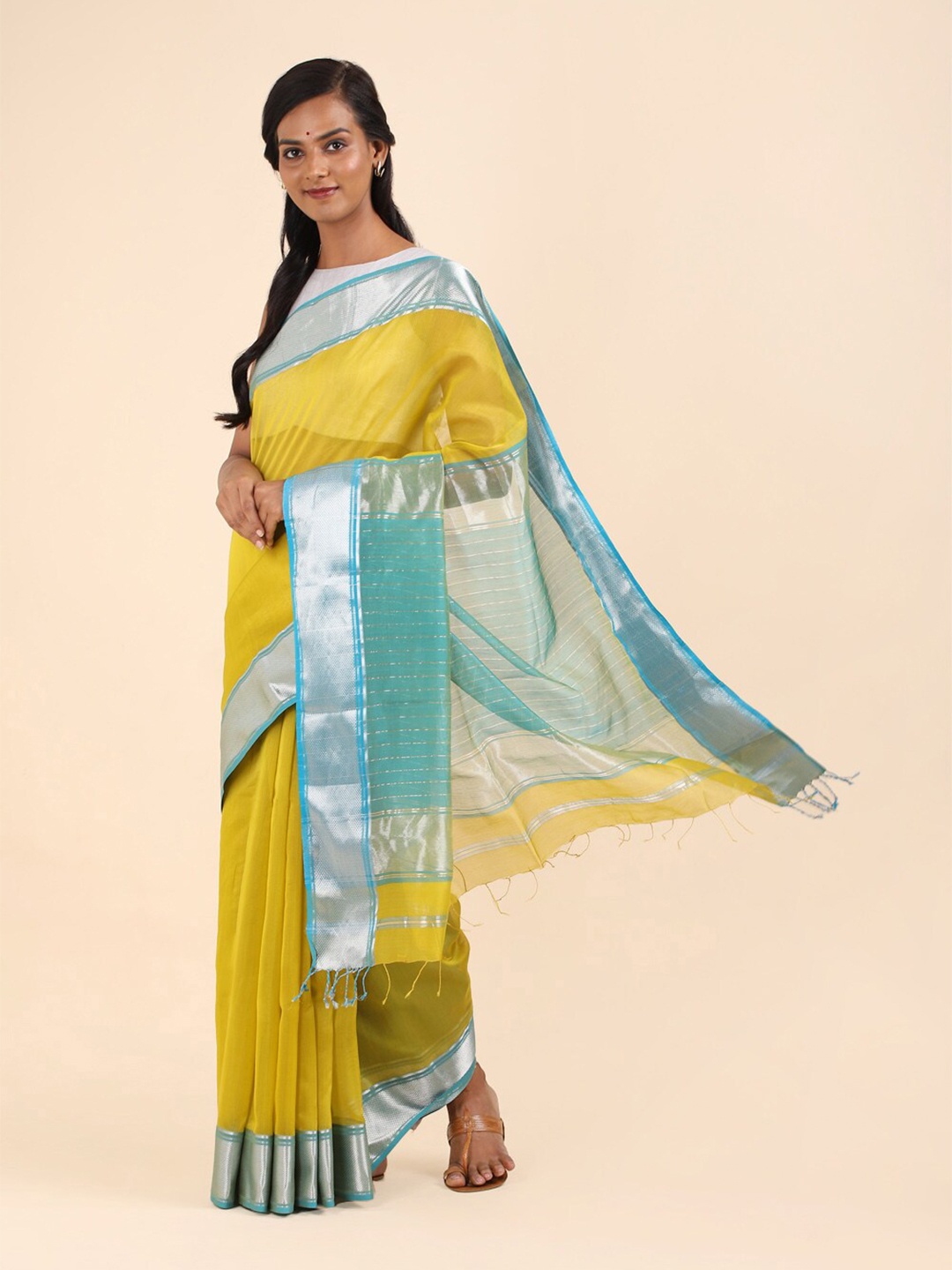 

Taneira Women Yellow & Blue Woven Design Zari Silk Cotton Maheshwari Saree