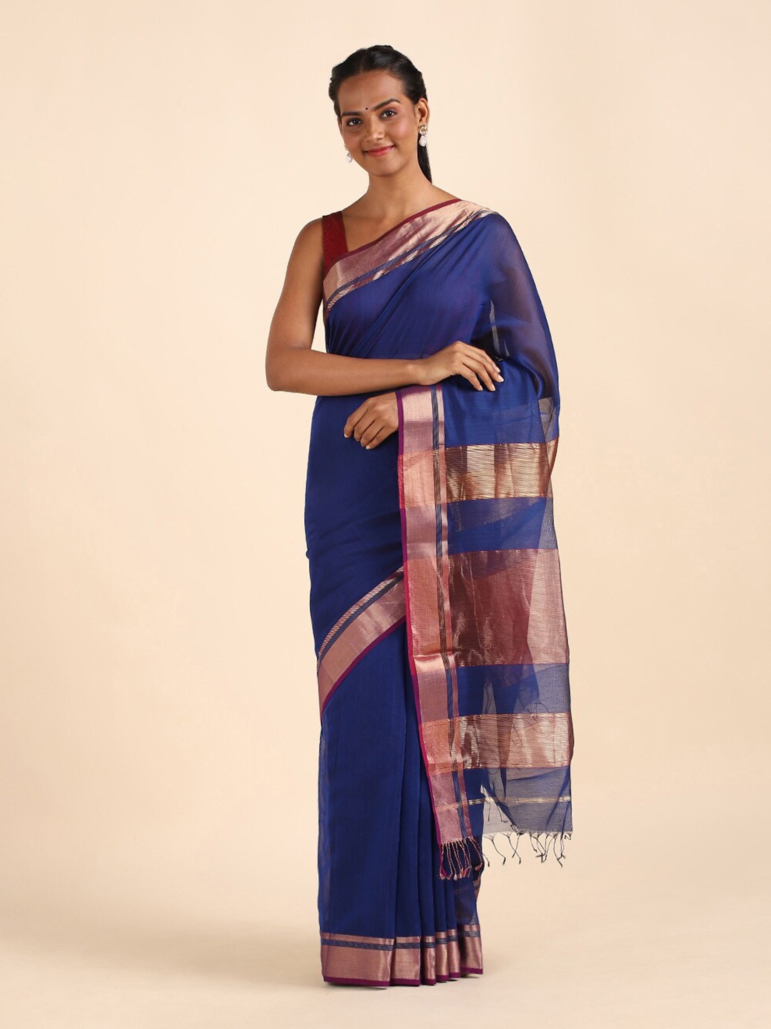 

Taneira Blue & Gold-Toned Zari Silk Cotton Maheshwari Saree