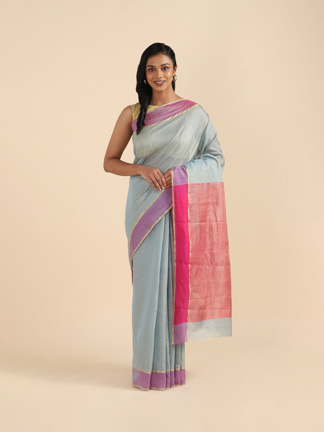 

Taneira Blue & Purple Woven Design Zari Tissue Chanderi Saree