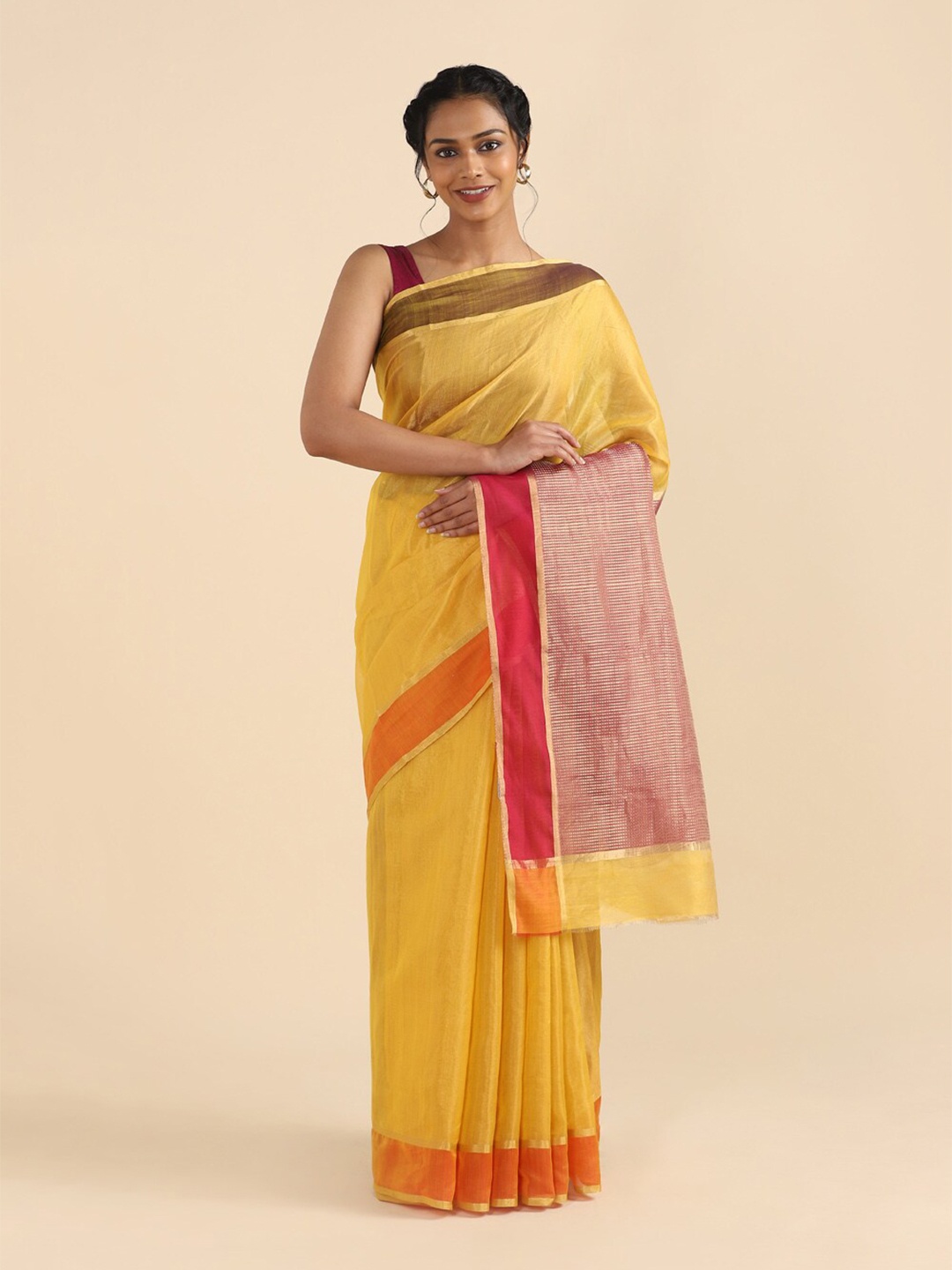 

Taneira Women Yellow & Red Woven Design Zari Tissue Chanderi Saree