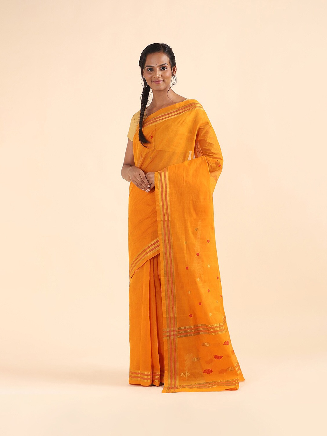 

Taneira Yellow & Gold-Toned Woven Design Pure Cotton Venkatgiri Saree